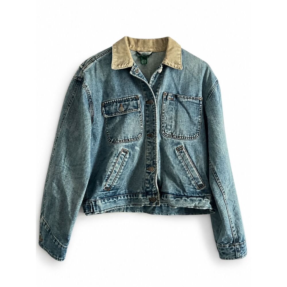 Vintage 90s Ralph Lauren Denim Jacket Womens Size Small Corduroy Collar